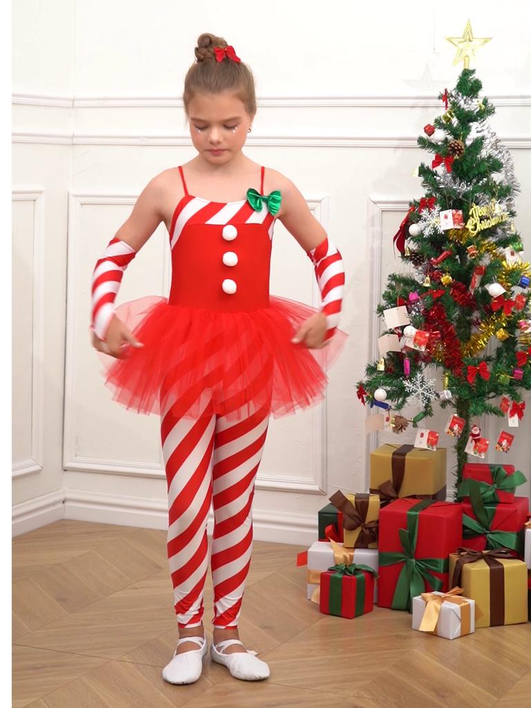 Children Christmas Dancewear Jumpsuit Stripes Print Tulle Peplum Unitard with Arm Sleeves Xmas Fancy Dress Up Theme Party Suit