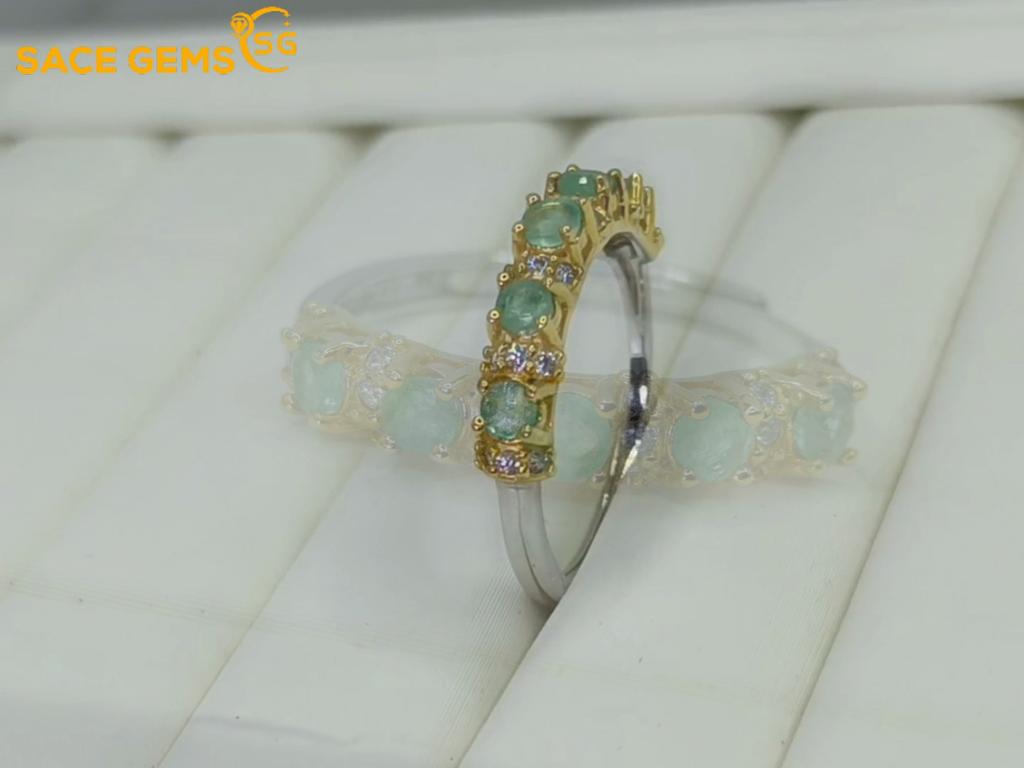 SACE GEMS 925 Sterling Silver 3MM Natual Emerald Rings for Women Engagement Cocktail Party  Jewelry