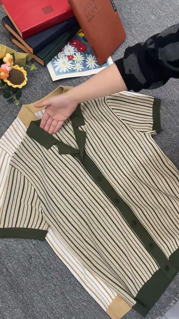 Pánské letní pletené polo tričko, pruhované s krátkým rukávem, business casual, módní lehké tričko