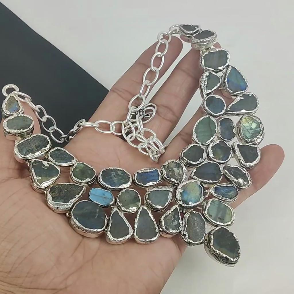 Raw Labradorite Gemstone Handmade 925 Sterling Silver Electroform Necklace, Raw Labradorite Silver Necklace For Wife, Unisex Necklace, Easter Gift