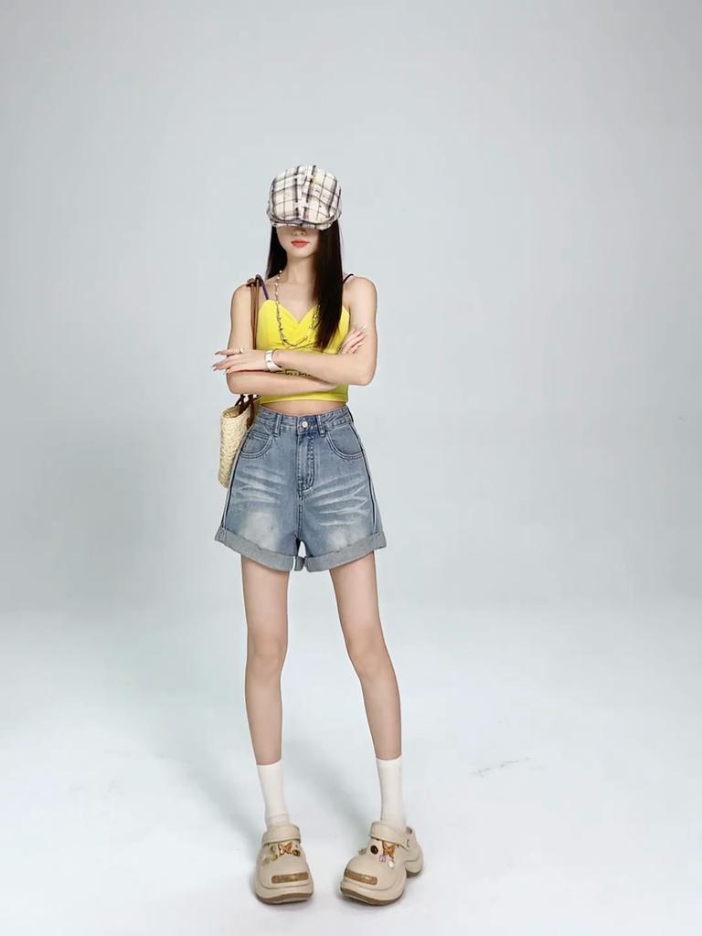Summer Women'S Denim Shorts High Waist Blue Cotton Wide-Leg Short Pants Girl'S Student Mini Korean Fashion Womens Jean Shorts