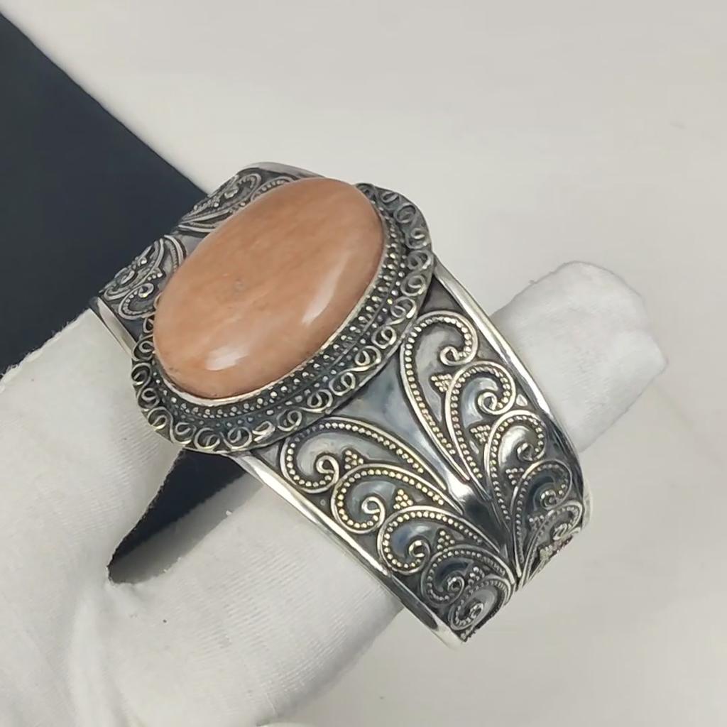 Natural Orange Aventurine Gemstone Handmade 925 Sterling Silver Cuff Bangle, Orange Aventurine Bangle,For Wife, Unisex Bangle, Gift For Mom