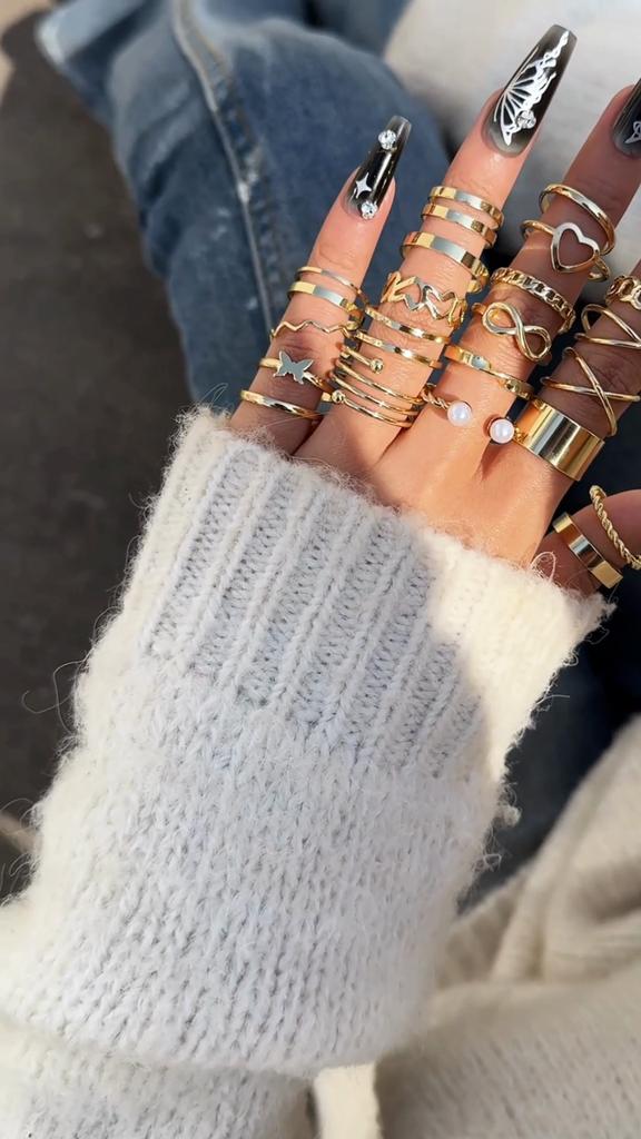 Exquisite Imitation Pearl Ring, Versatile Ring for Girls' Parties, Simple Carving Ring, Adjustable Temperament, Women's Ring Set