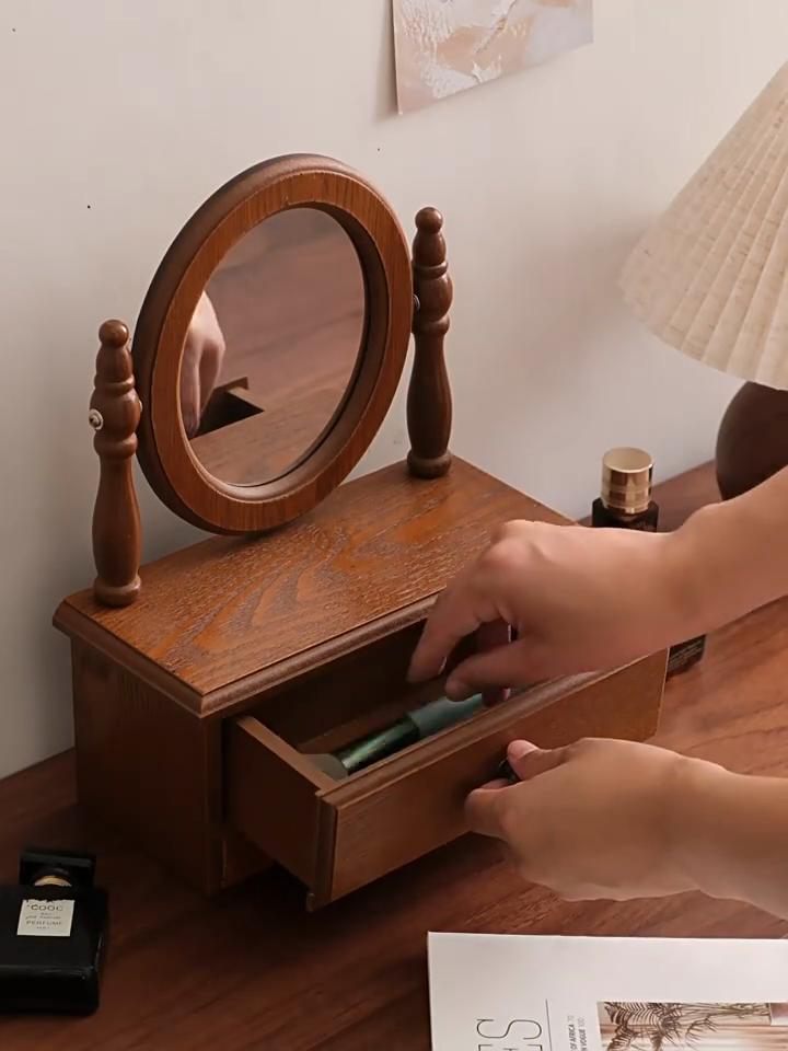 French Medieval Wooden Makeup Mirror - Desktop Standing Vanity Mirror for Bedroom & Living Room Decor