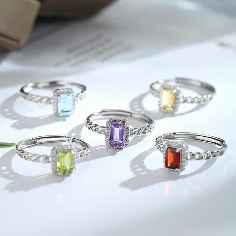 S925 Silver Square Crystal Open Ring, Multiple Colors, Adjustable Dainty Band, Korean Style Daily Jewelry Gift for Women