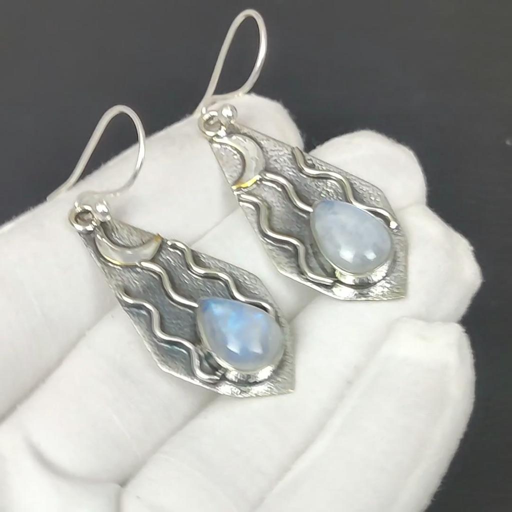 Natural Rainbow Moonstone Gemstone Earrings, 925 Sterling Silver Earring, Handmade Boho Silver Jewelry Dangle Earrings, Party Wear Gifts