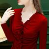 Office Lady Elegant Ruffles Folds V-Neck T-shirt Spring Autumn New Women Clothing Solid V-neck Sexy Slim Casual Long Sleeve Tops