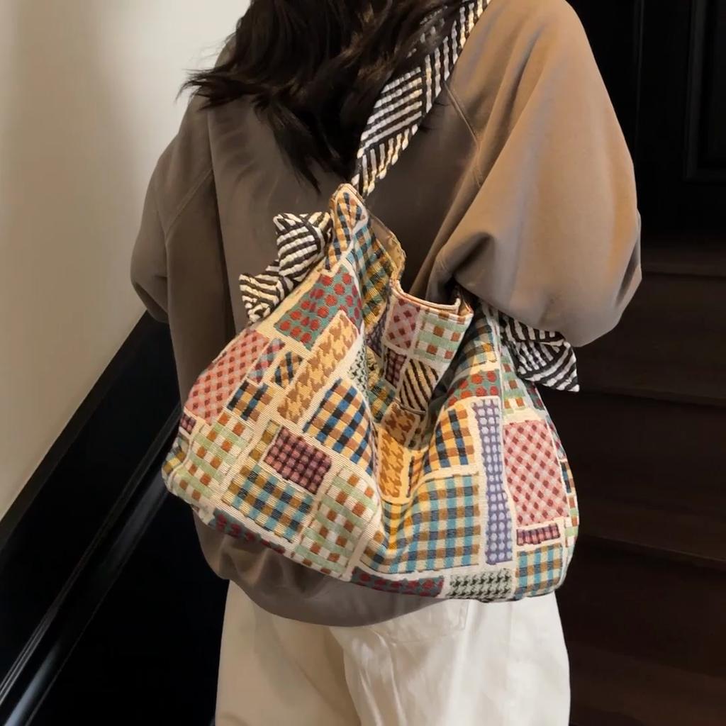 Color Block Tote Bag Women Print Plaid Shoulder Bag