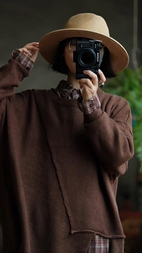 Johnature Women Vintage Pullover Sweaters Solid Color Irregular Patchwork O-Neck Long Sleeve Knitted Autumn Winter Sweaters