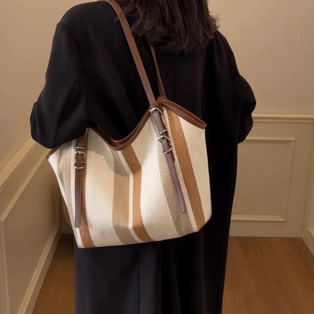 Women's Contrast Shoulder Canvas Bag Large Capacity Tote Bag