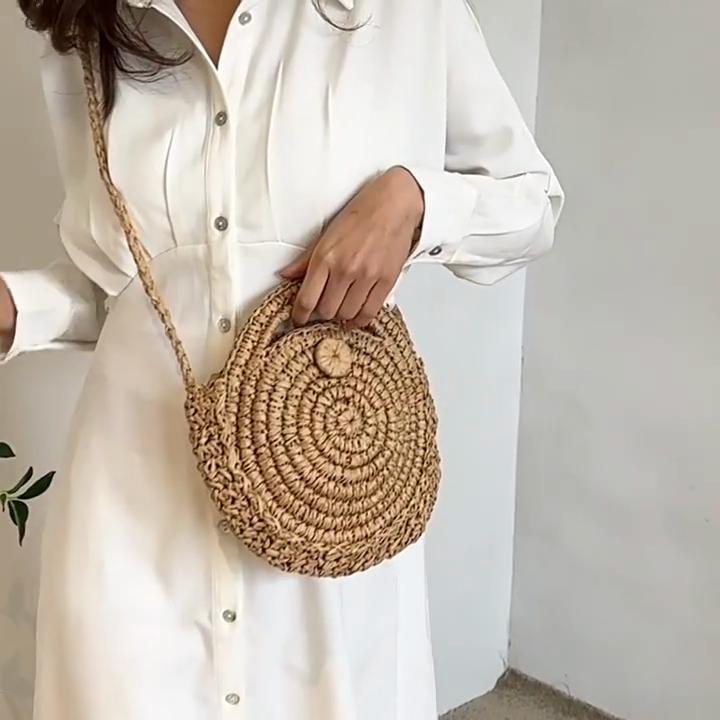 Round Straw Crossbody Bag Handmade Woven Shoulder Bag For Women Summer Beach Bag Bohemia Travel Small Handbag and Purse
