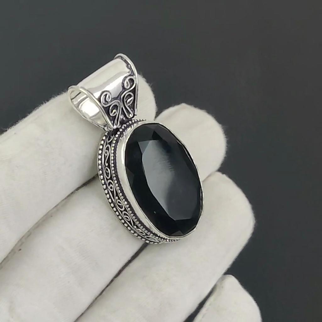 Dainty Black Spinel Gemstone Silver Pendant In 925 Sterling Silver - Handmade Pear Design, Everyday Wear Jewelry Party Wear Gift