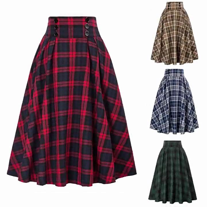 Women's Autumn and Winter Fashionable High Waist Plaid Large Swing Skirt with Elastic Waist A-line Skirt