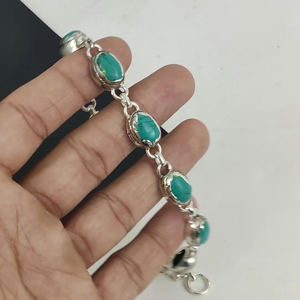 Statanta Rosa Turquoise Gemstone Handmade 925 Sterling Silver Bracelet, Statanta Rosa Turquoise Bracelet For Wife , Unisex Bracelet Wadding GIft