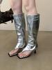 Eilyken Stivali Alti Fino al Ginocchio con Punta Aperta Donna Zip Laterale Stivaletti Sandali Moderni Tacco Basso Sottile Scarpe da Festa Botas Mujer