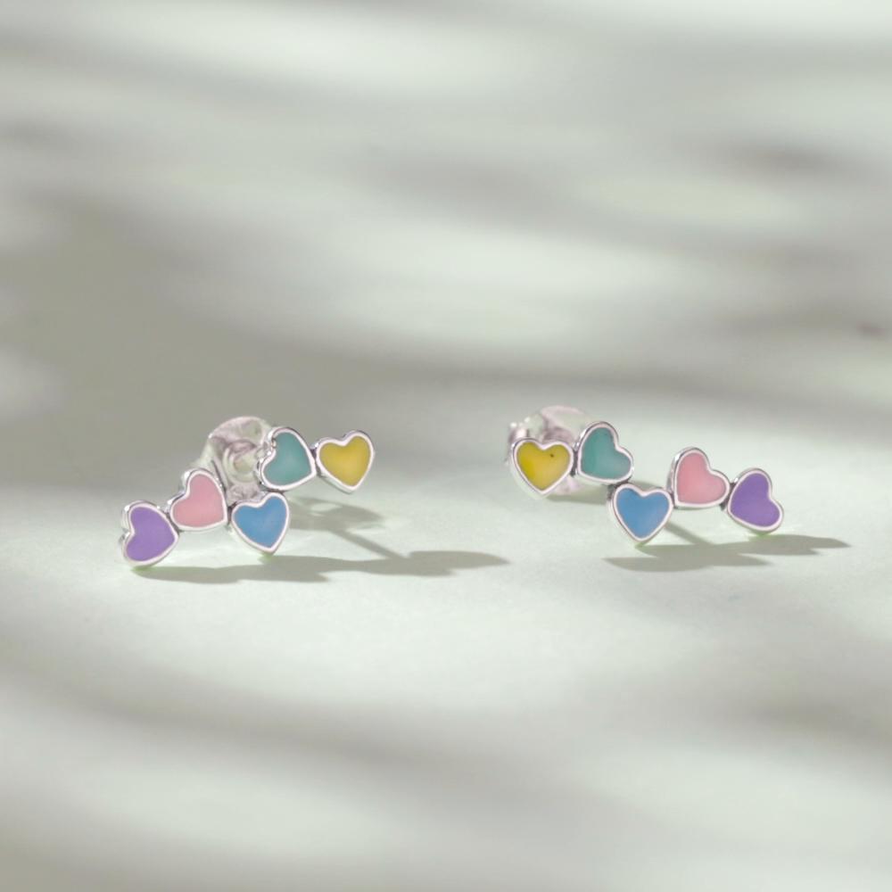 WOSTU 925 Sterling Silver Lovely Rainbow Candy Color Heart Stud Earrings Women Multi Color S925 Earring Girl Party Birthday Gift