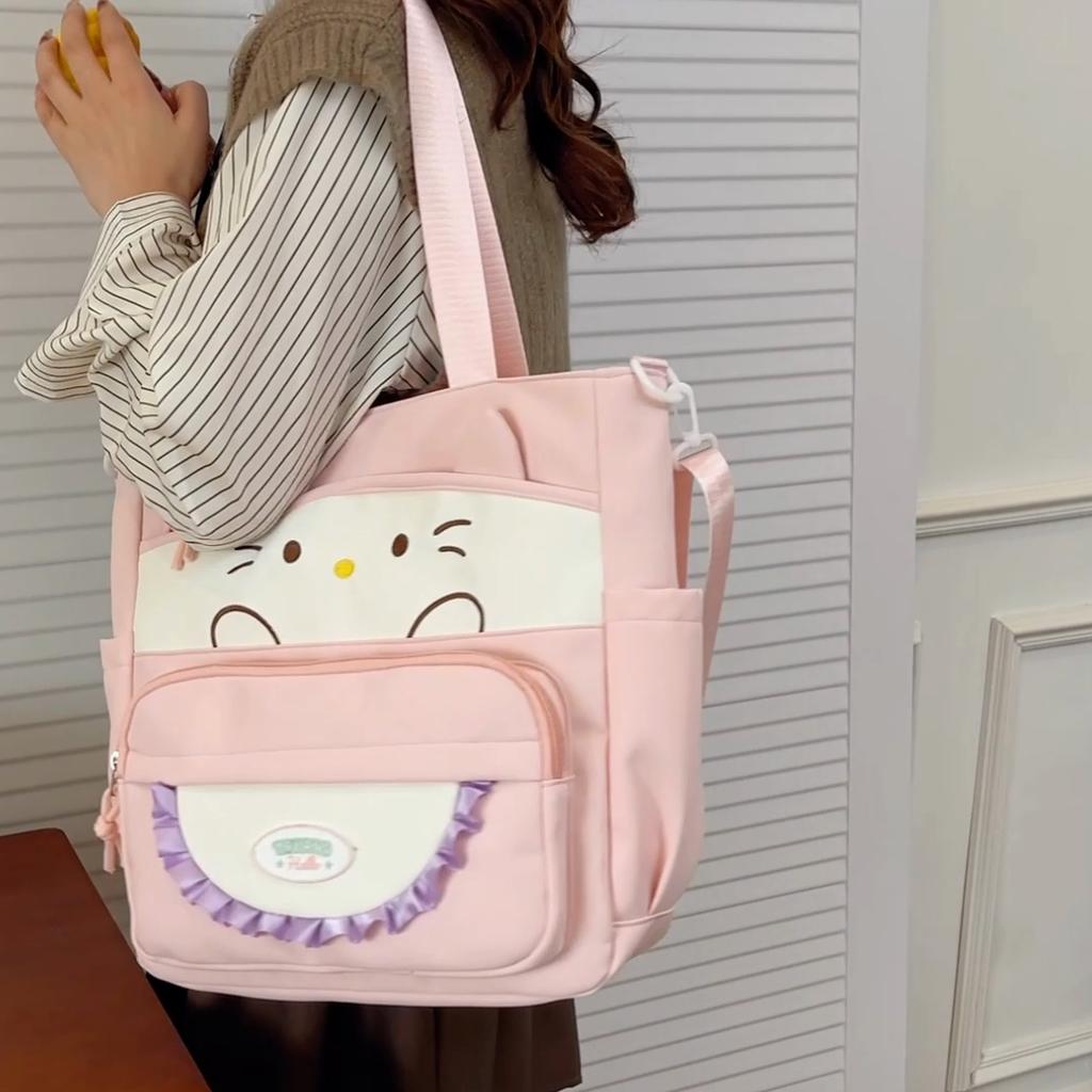 Cartoon Cat Crossbody Bag College Style Large Capacity Shoulder Tote Bag Student Class Book Bag