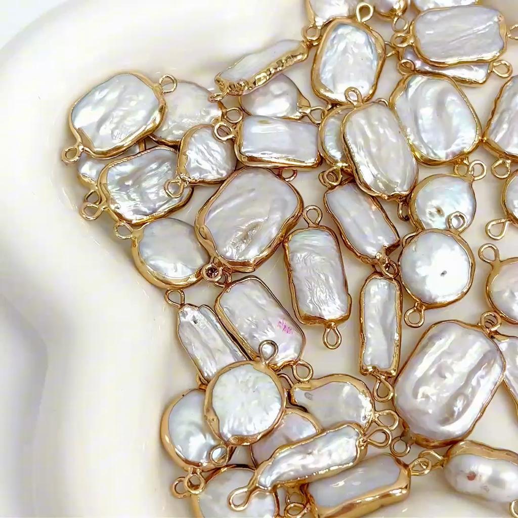 Natural Freshwater Pearls Irregular Gold Edging Double Hanging Pendants For DIY Necklace Bracelet Earrings Jewelry Making