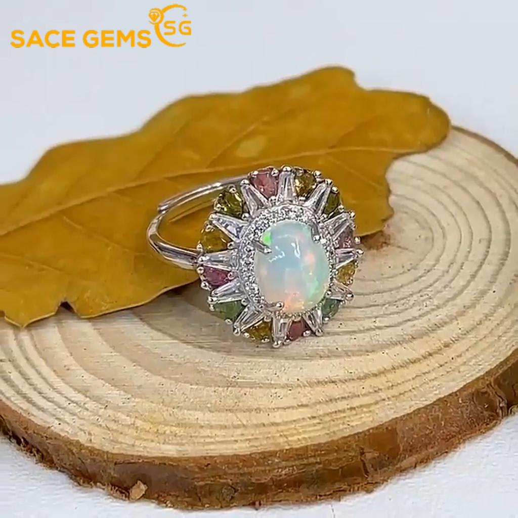 Sace Gems 925 Sterling Sølv 7*9MM Naturlig Opal Edelsten Ringer for kvinner Engasjement Cocktail Party Fine smykker