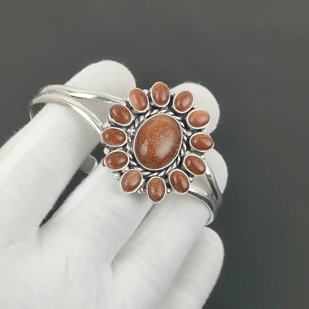 Roter Sonnenstein Edelstein Handgefertigter Armreif 925 Sterlingsilber Armreif, Roter Sonnenstein Blume Form Armband für Ehefrau, Unisex Armreif, Geschenk für Ehefrau