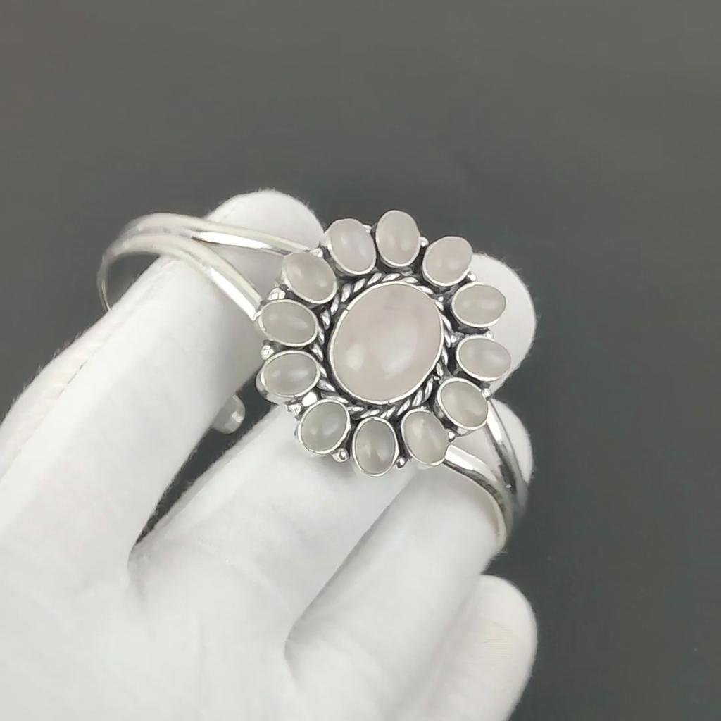 Natural Rose Quartz Gemstone Handmade Cuff Bangle 925 Sterling Silver Cuff Bangle,Rose Quartz Flower Shape Bracelet For Wife, Unisex Bangle