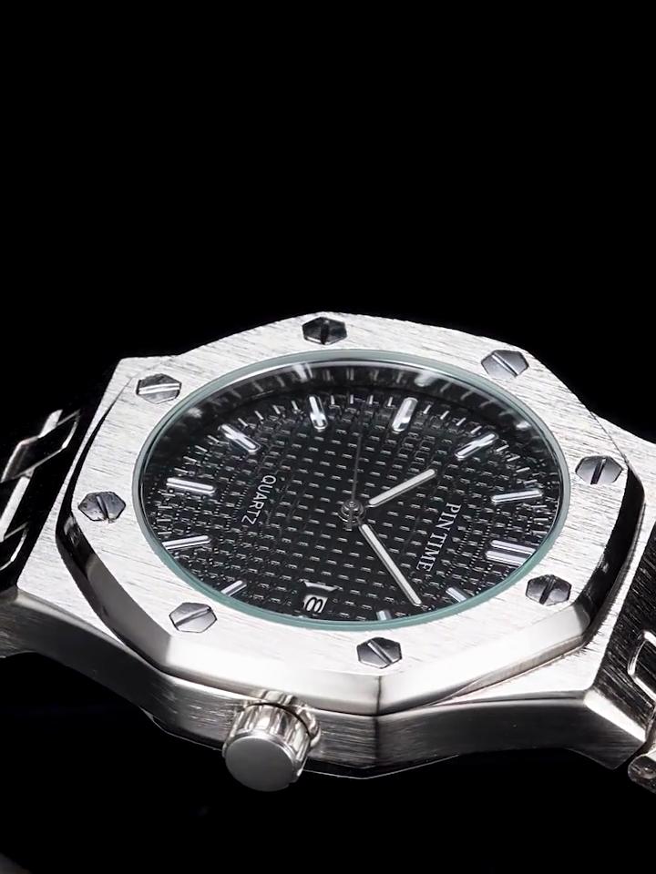 PINTIME Montres de luxe pour hommes, automatique, avec date, étanche, lumineuse, à quartz, en acier inoxydable, sport