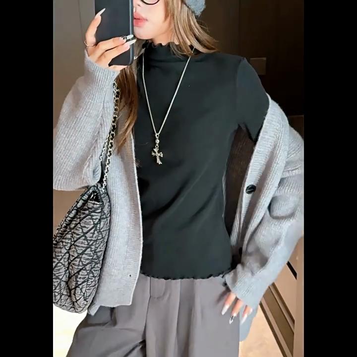 Herbst Winter Halboher Kragen Pilzrand Slim-fit Unterhemd für Damen zum Tragen mit einfachen einfarbigen Kleidungsstücken T-Shirts