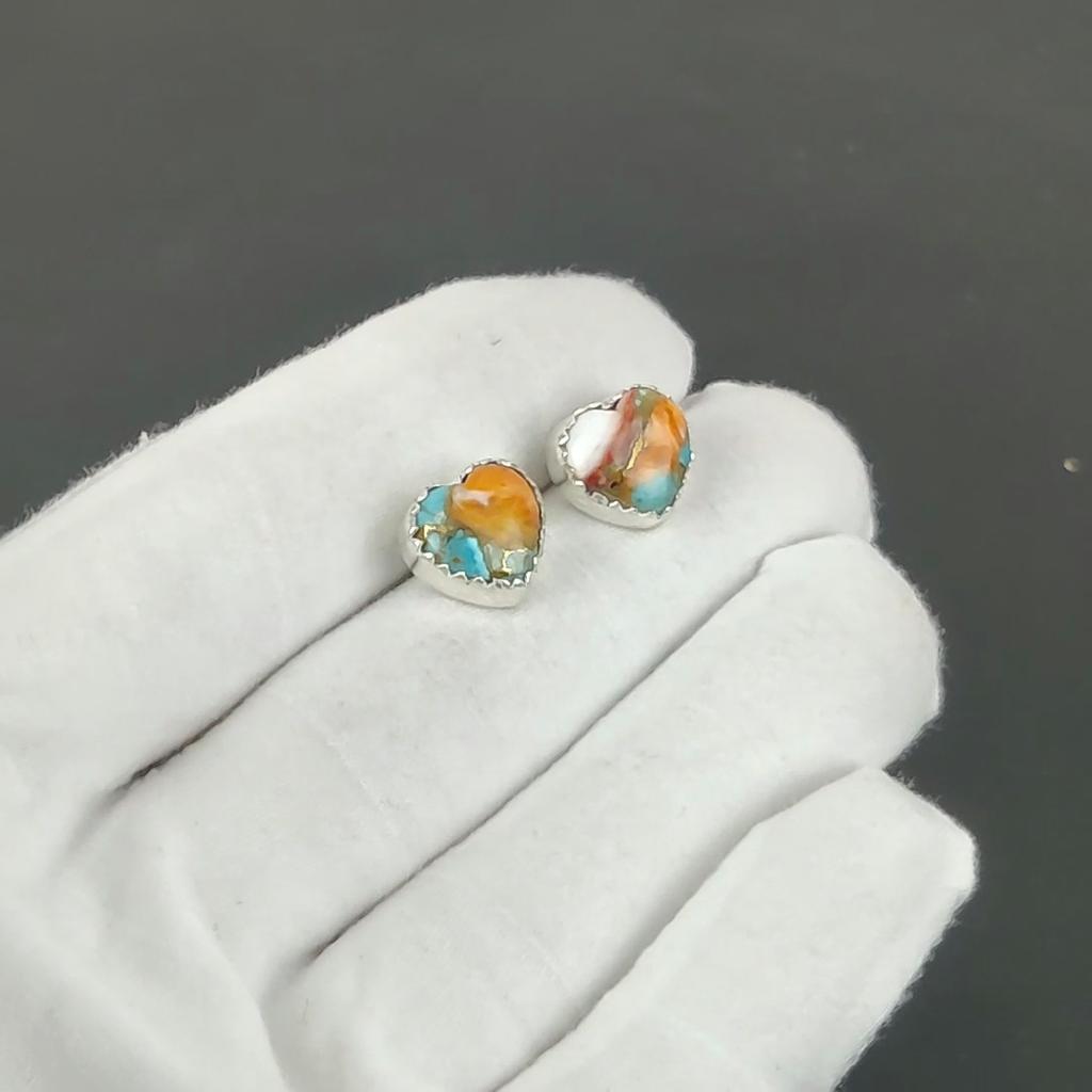 Orange Spiny Oyster Earrings | 925 Sterling Silver Stud Earrings | Handmade Gemstone Love Studs Heart Earrings | Boho Jewelry Wadding  Gift