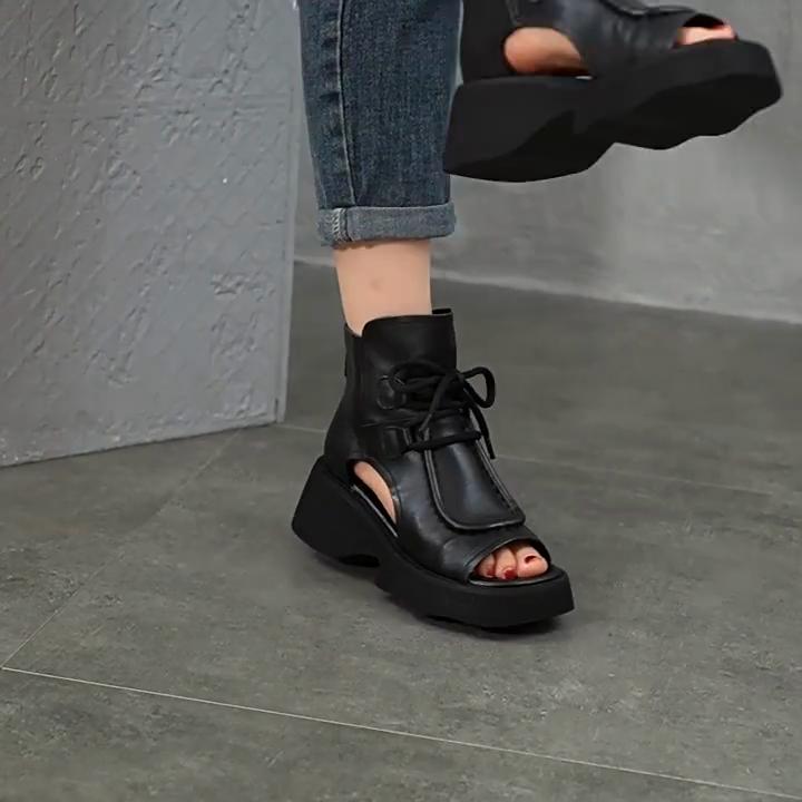 Johnature Genuine Leather Women's Shoes Roman Sandals Vintage Back Zipper Peep Toe Thick Soled Summer Boots