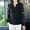 Korean Elegant Fashion V-neck Long Sleeve Gauze Loose T-shirts Black Patchwork Solid Color Casual Spring Autumn Women's Clothing