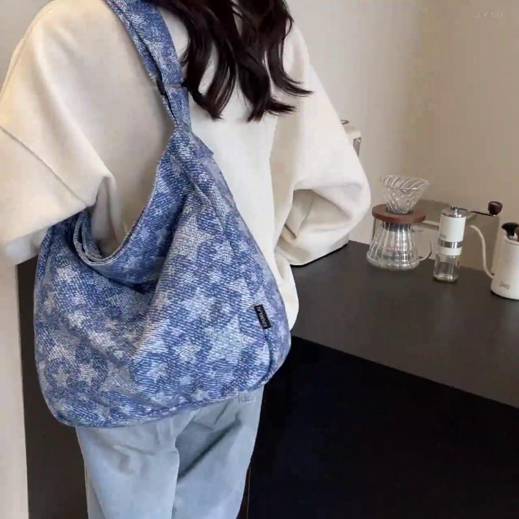 Women's Large Capacity Commuter Shoulder Bag Color Contrast Denim Tote Bag