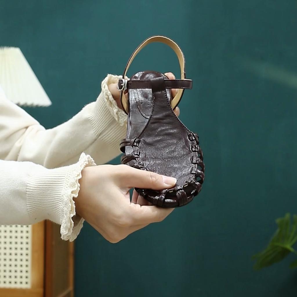 Round Toe Open Back Sandals for Women Chunky Heel Leather Summer Footwear with PU Insole