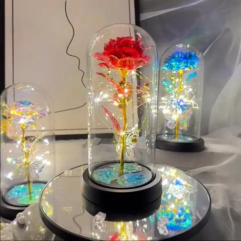Galaxy Rose Lamp with Butterfly & Colorful LED Lights Artificial Rose in Glass Dome Battery Powered Romantic Gift for Wedding Home Decor