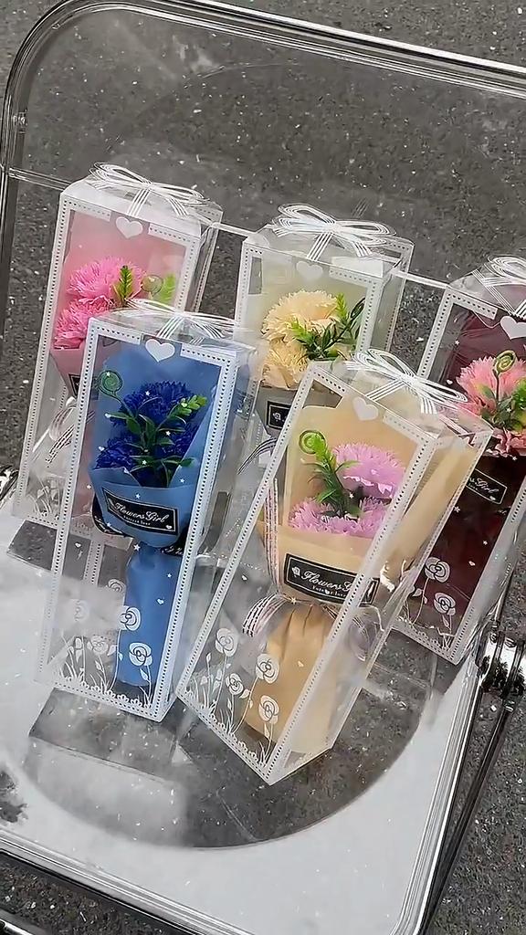 Artificial Carnation Floral Gift Box - Delicate Flower Arrangement In The Clear Plastic Box with Ribbon Decoration