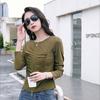 Women's Spring and Autumn Round Neck T-shirt Zipper Cardigan Fashionable and Versatile Pleated High-end Temperament Long-sleeved Top