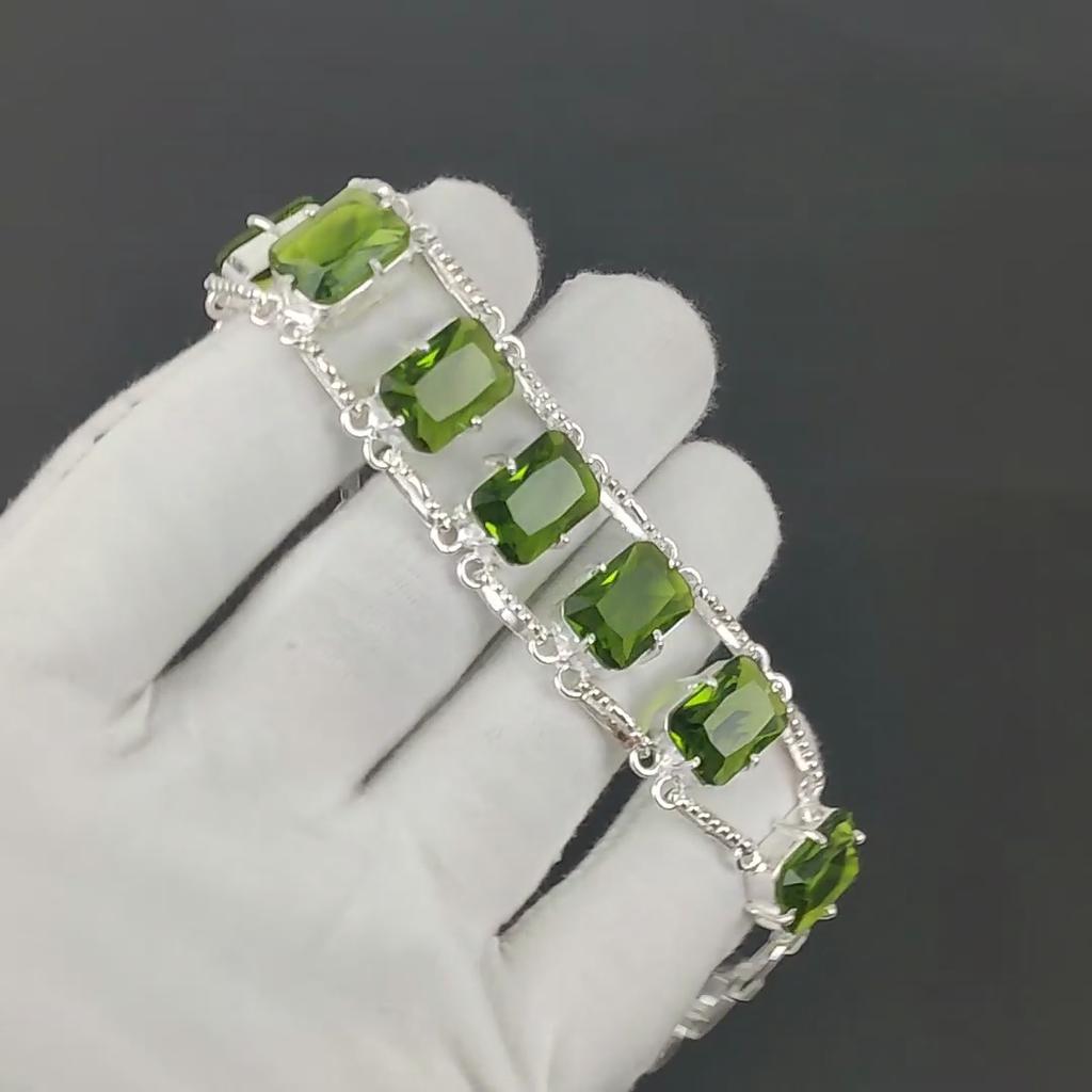 Faceted Peridot Bracelet 925 Sterling Silver Jewelry Adjustable Chain Bracelet Cushion Shape Gemstone Handmade Jewelry Gift For Her