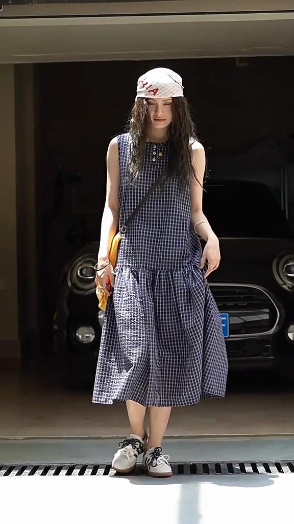 Johnature Sommer Koreanisch Retro Karo Ärmelloses Kleid Lässig Japanisch Locker Damen Pullover Kleider