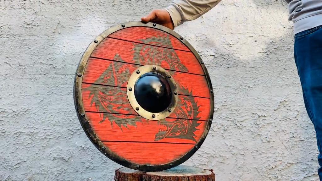 Red Wolf Authentic Battleworn Viking Shield | Raven Authentic Battleworn Viking Shield