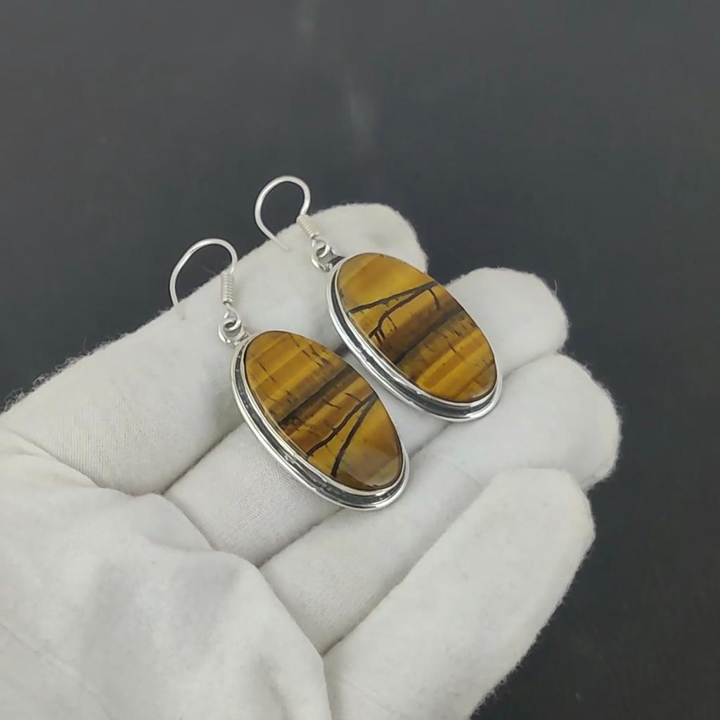 Natural Tiger's Eye Gemstone Antique Earrings 925 Sterling Silver Earring, Boho Silver Jewelry Dangle Earrings, Gifts For Wadding Gifts For Her