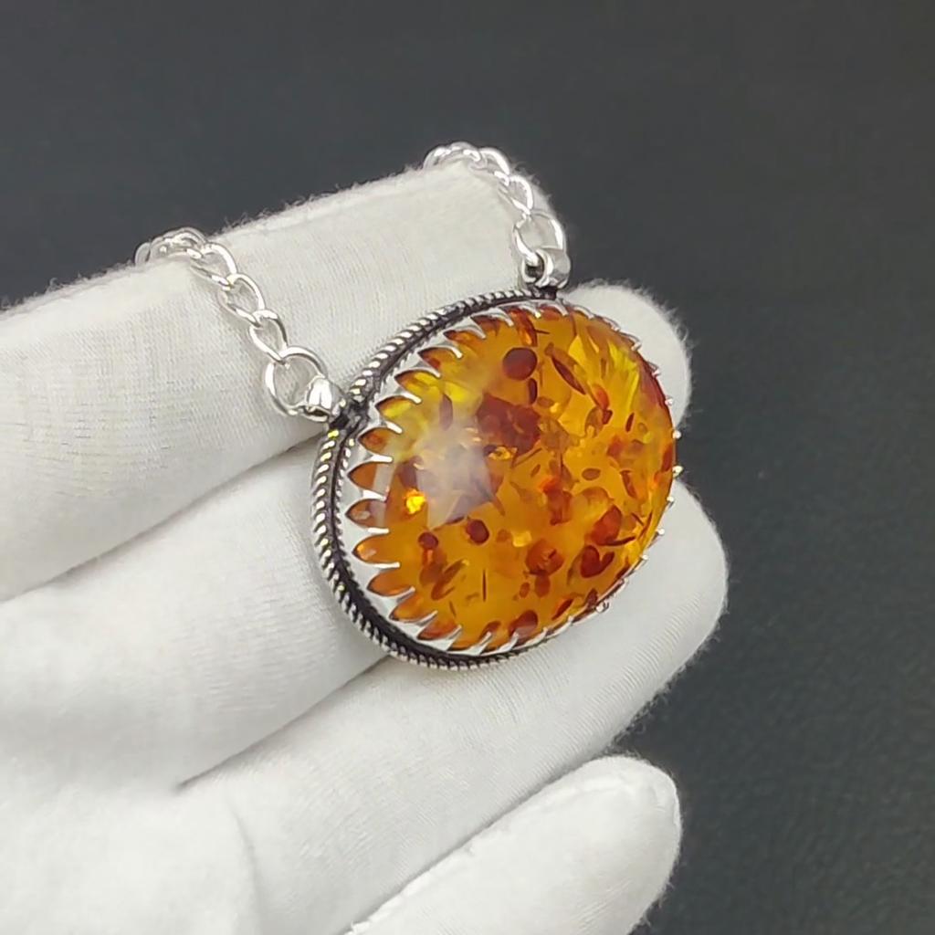 Baltic Amber Gemstone Jewelry Necklace, Baltic Amber 925 Sterling Silver Charm Necklace For Wedding Gift, Baltic Amber Necklace For Women