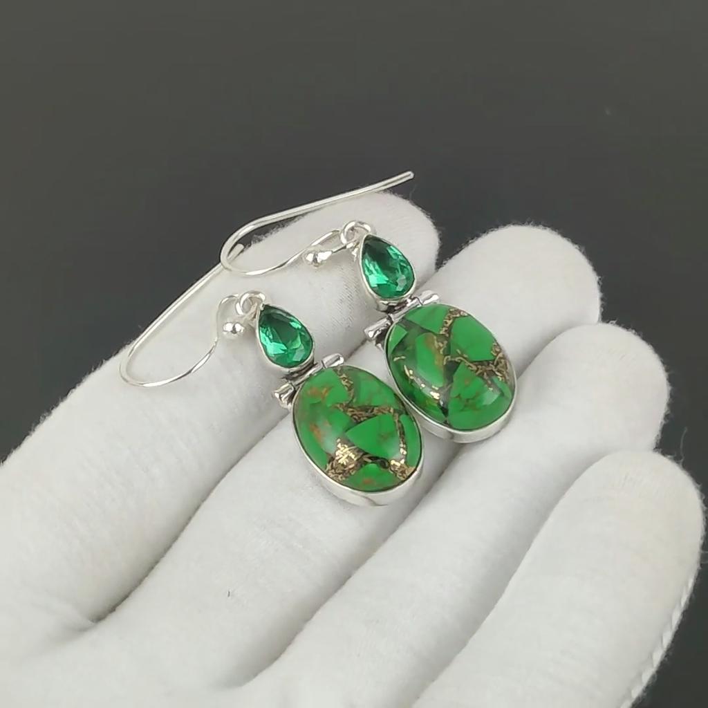 Green Copper Turquoise & Green Apatite Earrings Earrings, 925 Sterling Silver Earrings, Antique Jewelry, Dangle Drop Earrings For Love Gifts