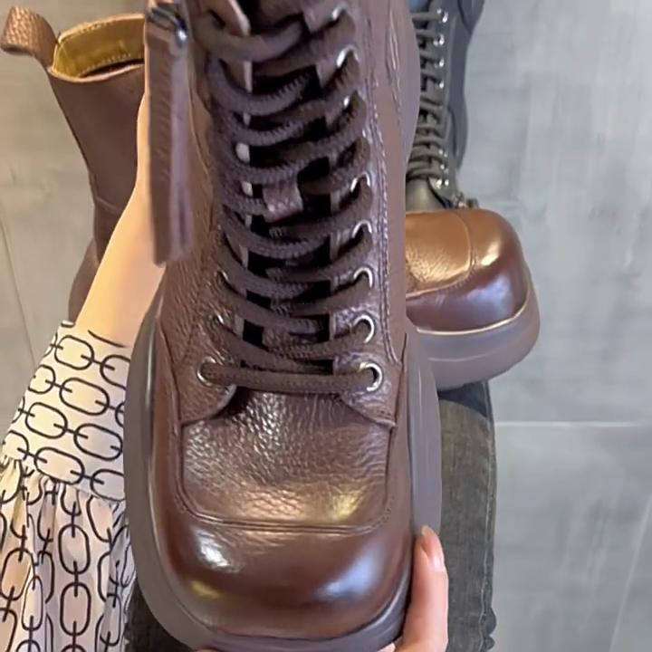 Johnature Stivali corti versatili in vera pelle con punta quadrata Stivali casual con suola spessa Scarpe da donna