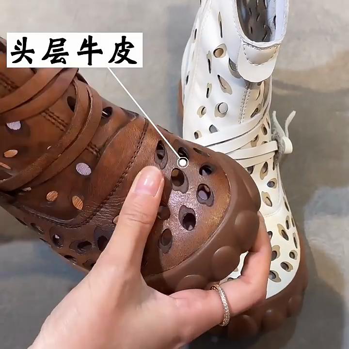 Johnature Ethnic Style Summer Boots Retro Genuine Leather Hollow-out Soft Sole Breathable Women's Shoes