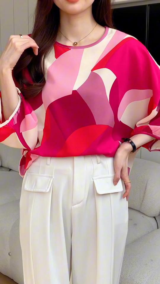 MODIQUE Spring Summer Plus Size Women Loose Silk Geometric Print Batwing Sleeve Blouse Shirts Lady Casual Oversize O-Neck Quarter Sleeve Pullover