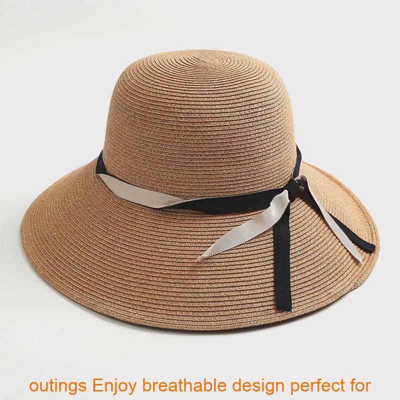 Paper Straw Wide Brim Sun Hat With Bow Knot For Summer Beach Vacation Style