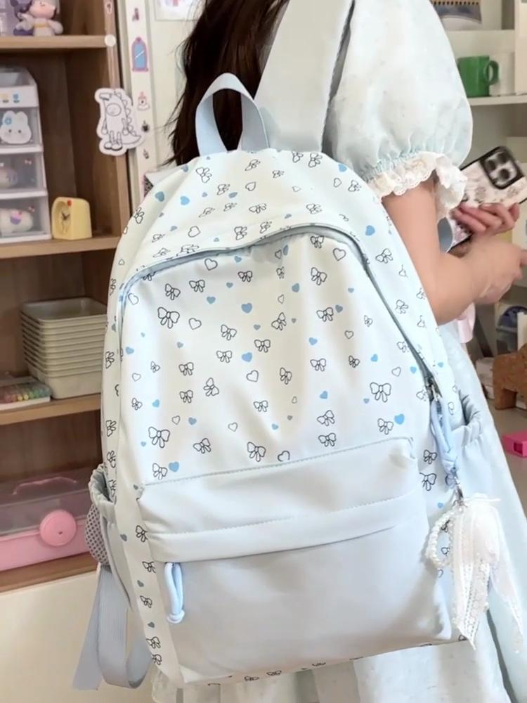 Cute Heart and Bow Print School Backpack with Front Pocket Top Handle Casual Daypack for Girls Students