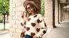 Faux Fur Heart Print Loose Long Sleeve Crew Neck Sweatshirt for Women