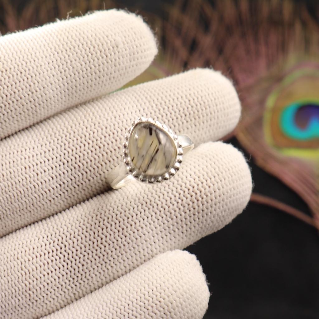 Natural Black Rutile Gemstone 925 Sterling Silver Jewelry Handmade Pear Design Ring For Wedding RR-77-28