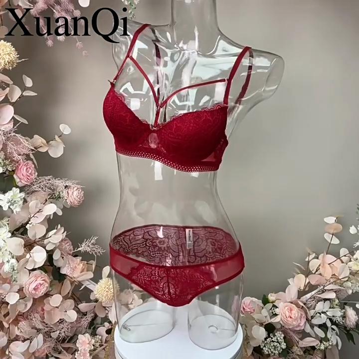 Sexy Lace Embroidered Women's Underwear Fashionable Detachable Thin Strap Bra Thin Top and Thick Bottom Small Chest Push-up Underwear Set