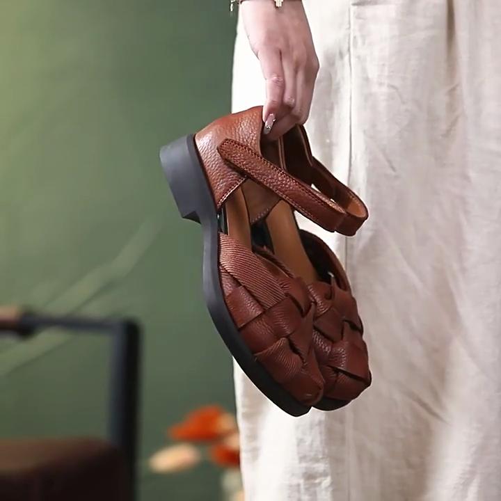 Johnature Vintage Woven Round Toe Sandals Soft Soled Comfortable Low Heeled Women's Shoes